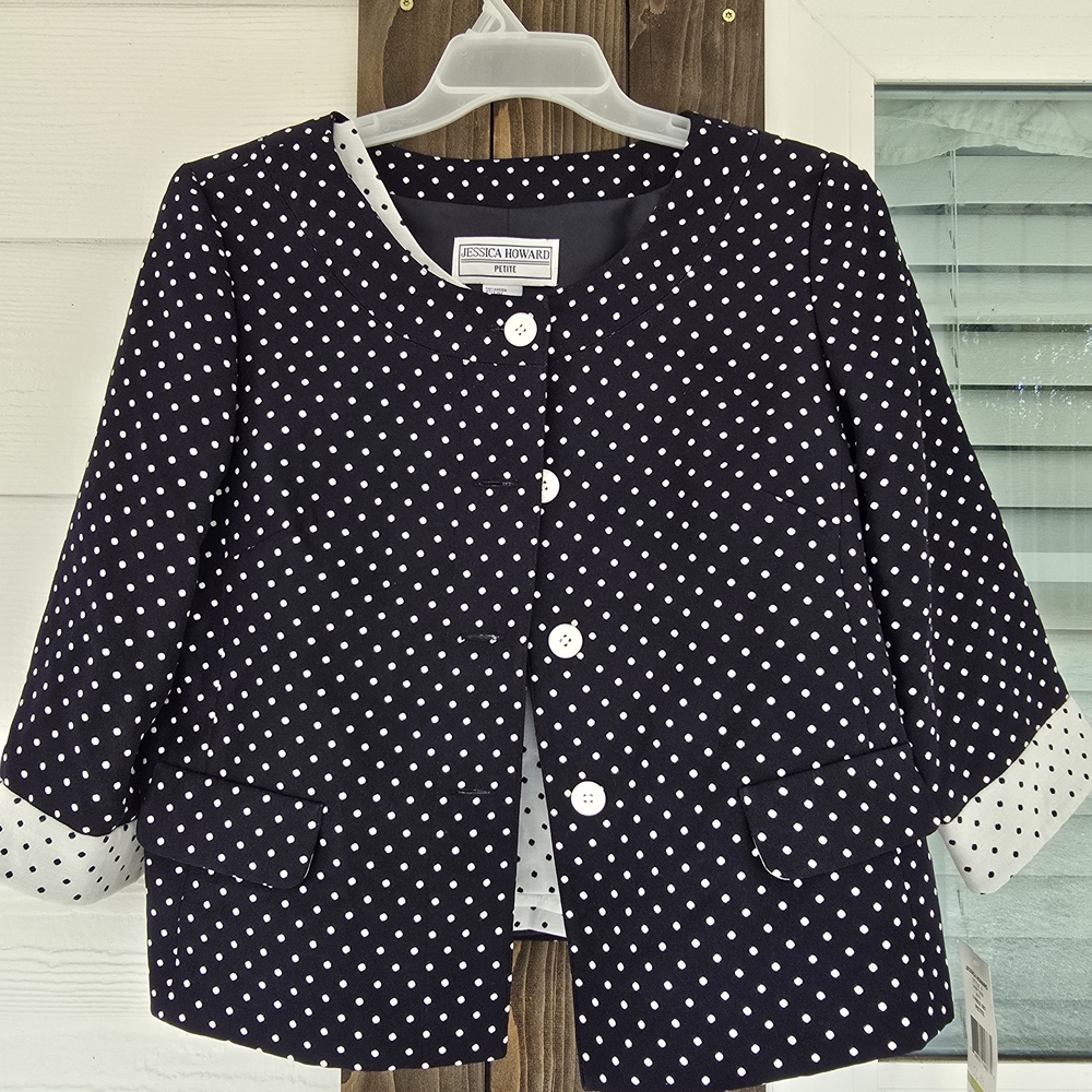 Jessica Howard Navy Blurand White Polka Dot Blazer